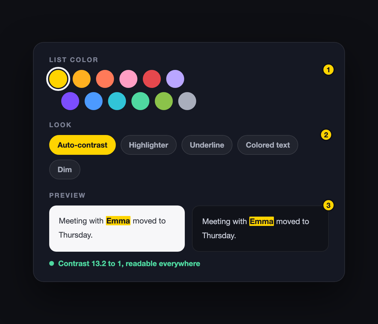 The color palette, the five look choices, and a preview of the same highlight on a light and a dark page