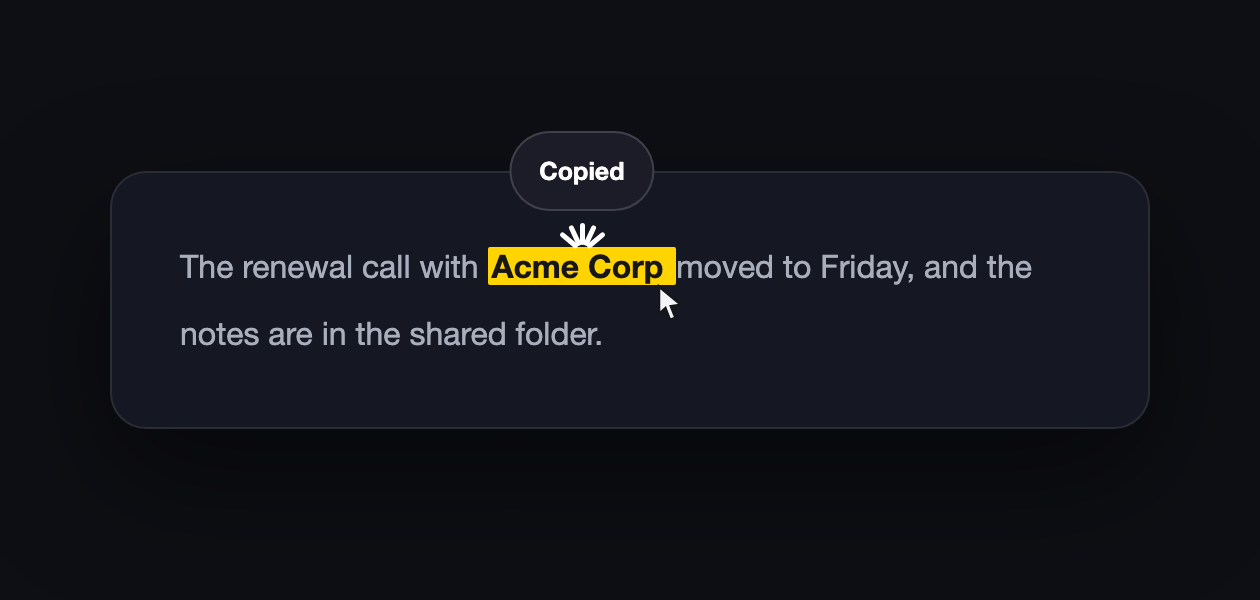 A highlighted word being clicked, with a spark and a Copied tag above it