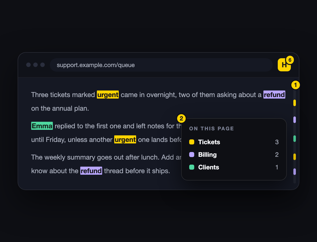 A page with highlights, the toolbar badge showing six matches, edge ticks on the right, and the on-page overview panel