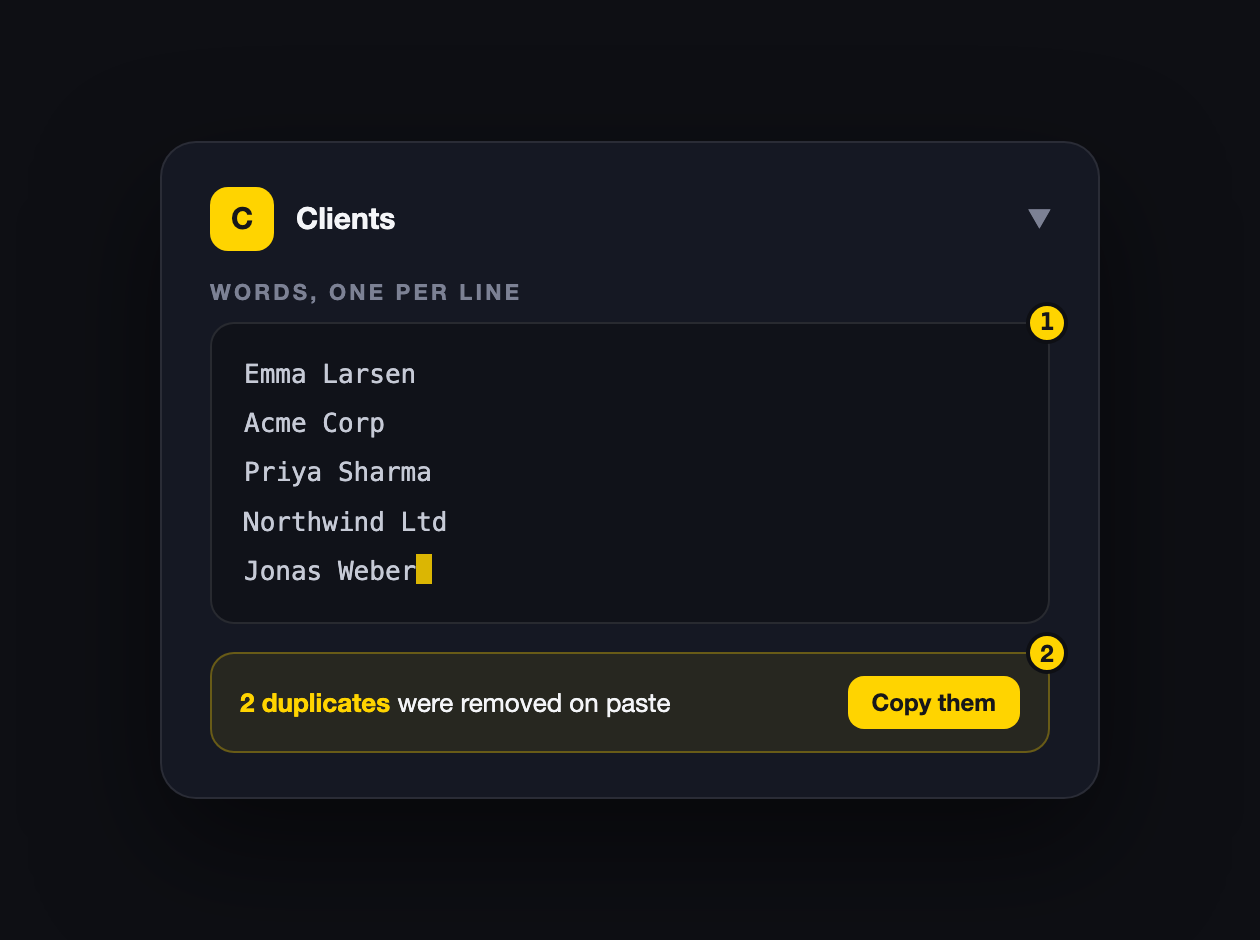 The words box in Settings with names pasted one per line and a note about removed duplicates